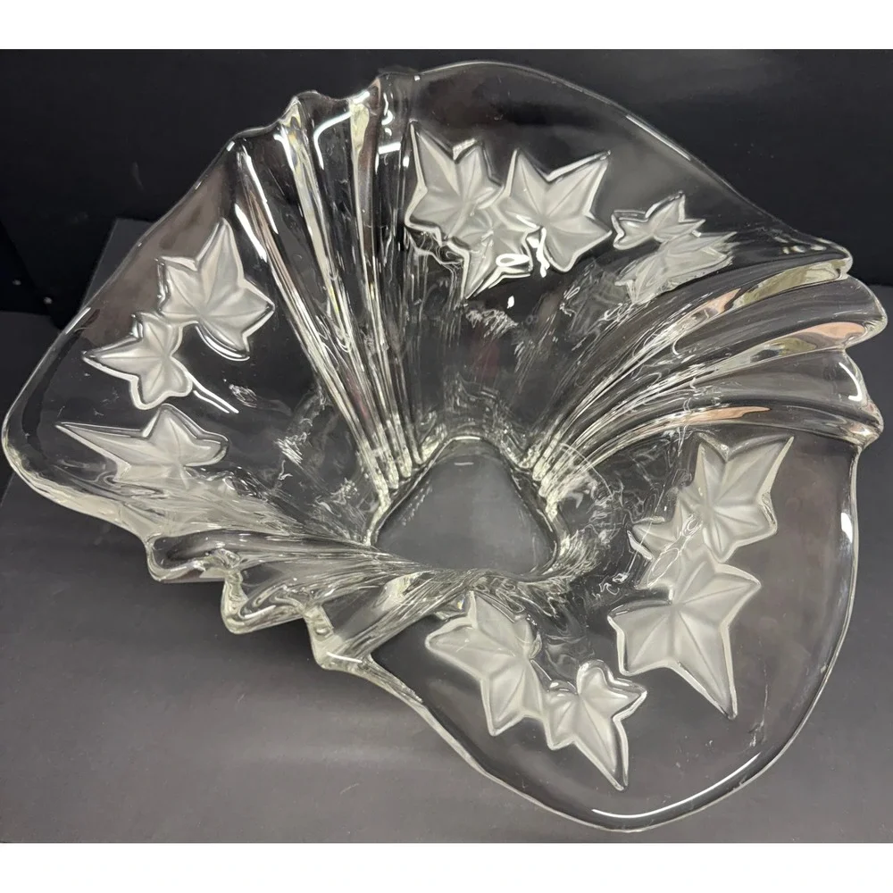 Vintage Crystal Fan Vase Frosted Ivy Leaf Flared Ribbed Art Deco Style Centerpc